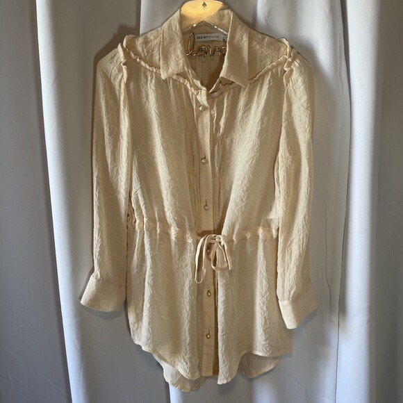 See By Chloe Crinkled Drawstring Waist Pearl Button Cream Blouse Sz 8 - Picture 1 of 9